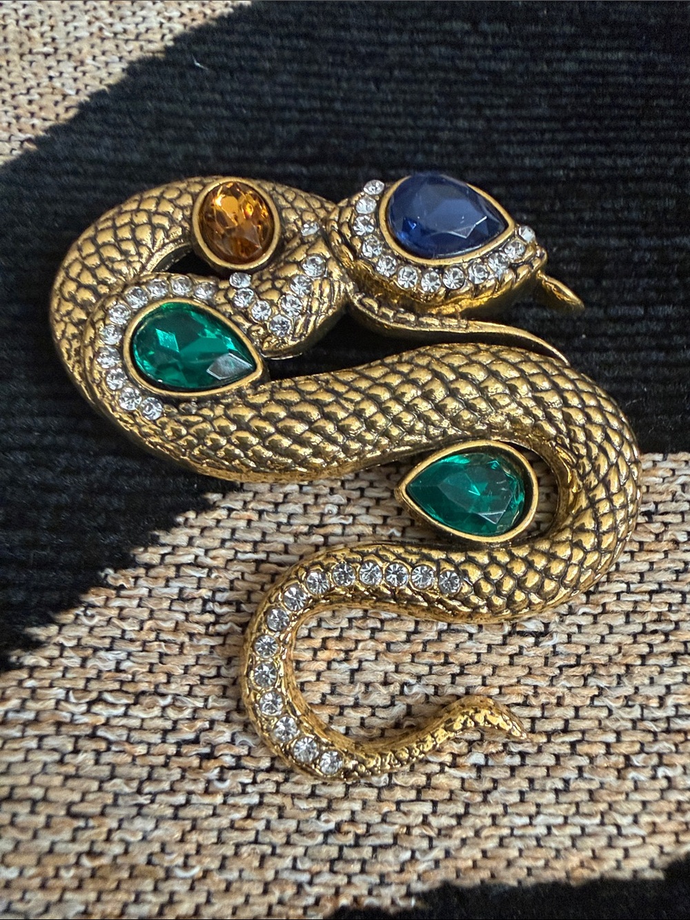 Gold Snake Brooch with Green, Blue & Amber Stones - Rhinestone Women Jewelry New